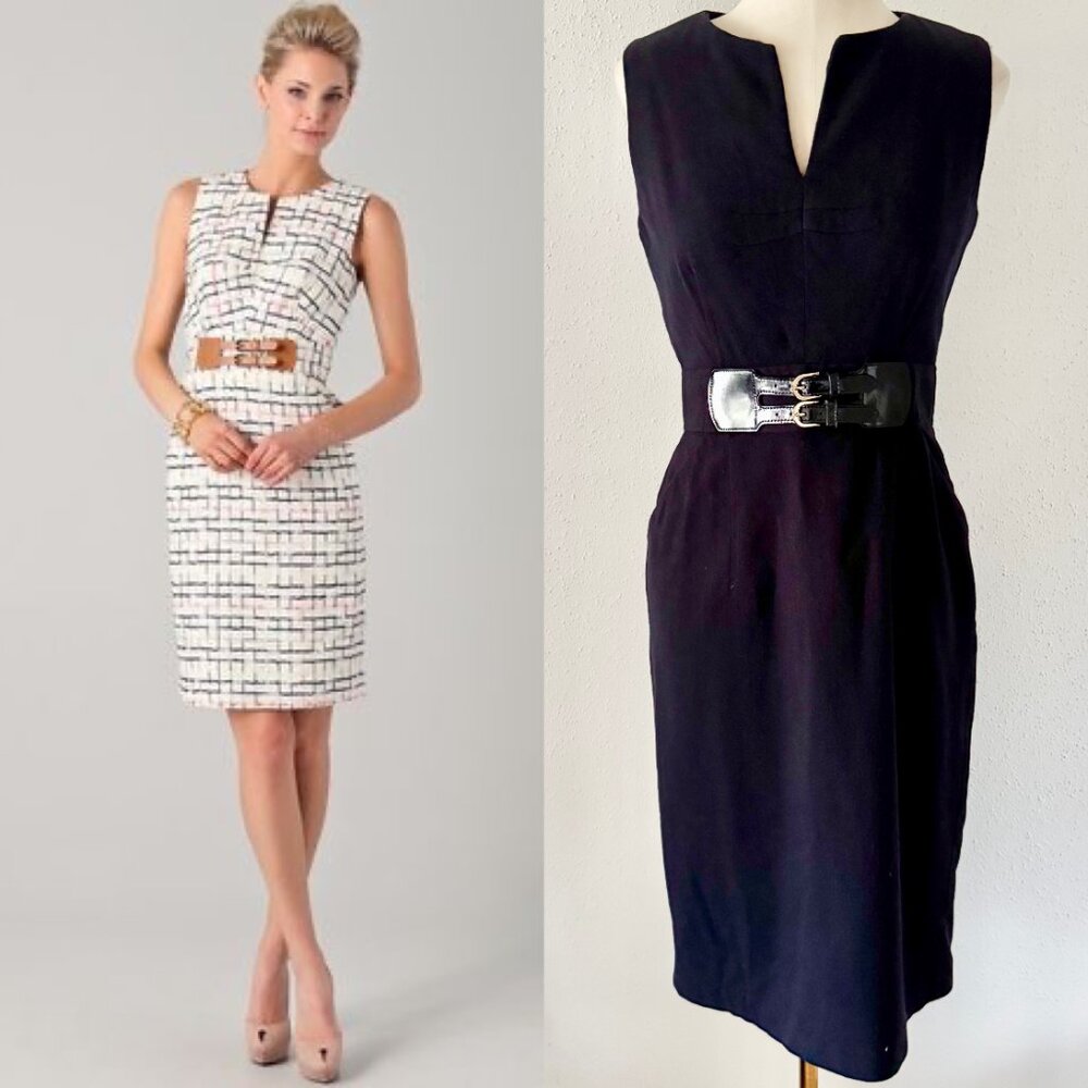 MILLY Wool Leather Buckle Sleeveless Sheath Knee Dress Women's Size 2 Black XS
